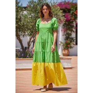Donna Morgan Colorblock Maxi Dress Green Yellow Cap Sleeve Square Neck Size 0